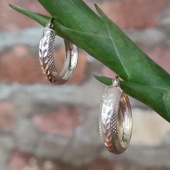 Sterling Silver Etched Small Hoop Earrings - Picture 2 of 12